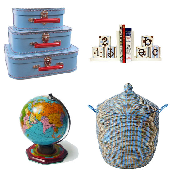 Accent pieces on Brooks's bookshelves help personalize the room. Among the pieces Molly chose are: cardboard French suitcases ($24), New Arrivals' ABC 123 Bookends ($50), Serena and Lily's small Senegalese storage basket ($68), and an antique tin globe ($375).
Accent pieces on Brooks's bookshelves help personalize the room. Among the pieces Molly chose are: cardboard French suitcases ($24), New Arrivals' ABC 123 Bookends ($50), Serena and Lily's small Senegalese storage basket ($68), and an antique tin globe ($375).