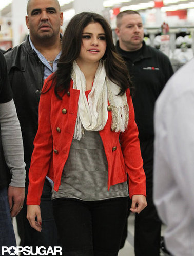Selena Gomez wore a bright red jacket.
Selena Gomez wore a bright red jacket.
