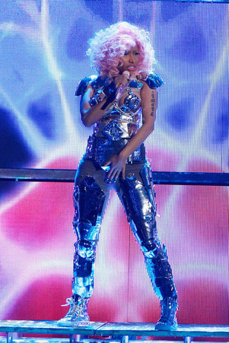 Nicki Minaj rocked a metallic wardrobe for a 2011 performance.
Nicki Minaj rocked a metallic wardrobe for a 2011 performance.