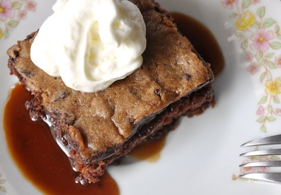 Chocolate Chunk Cookie and Brownie Cake, with Caramel Sauce and Whipped Cream