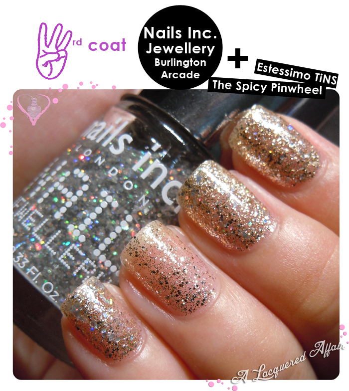 Nails Inc. Burlington Arcade over Estessimo TiNS The Spicy Pinwheel