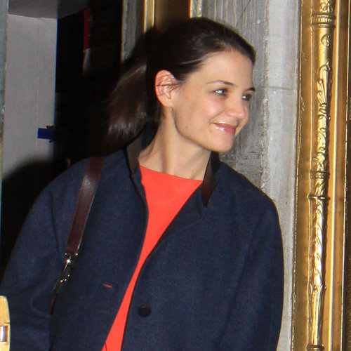 Katie Holmes in a Balenciaga Coat Leaving Dead Accounts