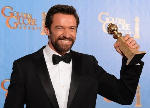 Hugh Jackman held up his Golden Globe statue in the press room.
Hugh Jackman held up his Golden Globe statue in the press room.