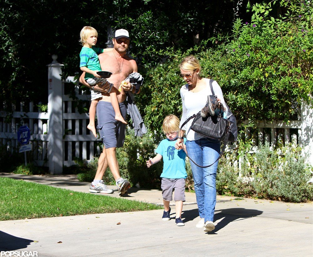 Naomi Watts and a shirtless Liev Schreiber walked with their kids. Naomi Watts and a shirtless Liev Schreiber walked with their kids.