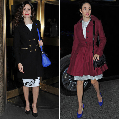 Emmy Rossum Wearing Burgundy Coat