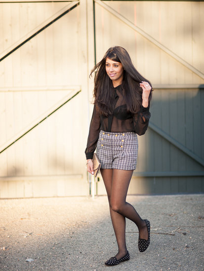 Sheer Blouse & High Waisted Jacquard Shorts