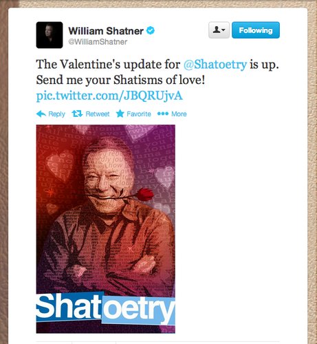 Former Captain Jim Kirk, otherwise known as William Shatner, cozied up to Valentine's with a love-themed update to his iPhone app, Shatoetry.
Former Captain Jim Kirk, otherwise known as William Shatner, cozied up to Valentine's with a love-themed update to his iPhone app, Shatoetry.