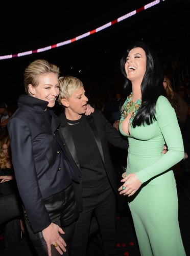 Ellen DeGeneres and Portia de Rossi got a good look at Katy Perry's dress at the 2013 Grammys.
Ellen DeGeneres and Portia de Rossi got a good look at Katy Perry's dress at the 2013 Grammys.