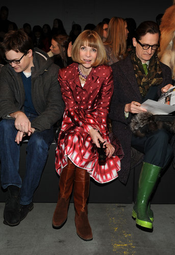 While taking in the Prabal Gurung show, Anna Wintour stood out among a sea of dark hues in her red-printed dress and brown knee-high boots.
While taking in the Prabal Gurung show, Anna Wintour stood out among a sea of dark hues in her red-printed dress and brown knee-high boots.