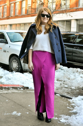 Here's one way to brighten your look in a flash — with the most gorgeous hue on a full-length skirt. Just winterize with tights and a cozy knit up top.
Here's one way to brighten your look in a flash — with the most gorgeous hue on a full-length skirt. Just winterize with tights and a cozy knit up top.