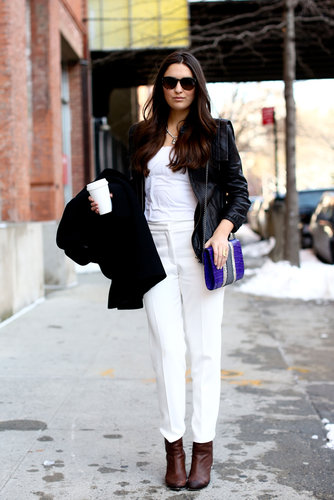 White on white was anchored with a black topper and classic brown booties.
White on white was anchored with a black topper and classic brown booties.