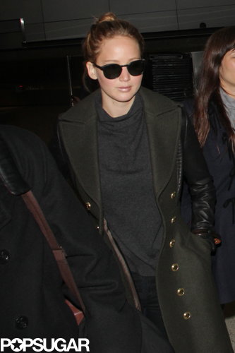 Jennifer Lawrence wore her sunglasses after landing in LA.
Jennifer Lawrence wore her sunglasses after landing in LA.