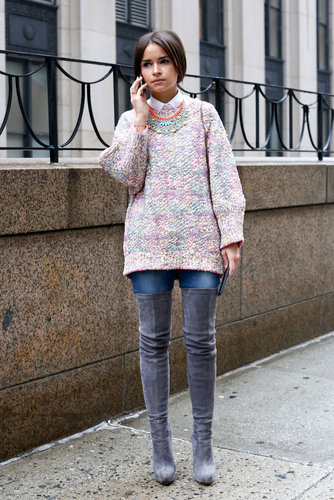 Miroslava Duma added some serious wow factor to a soft sweater with over-the-knee boots.
Miroslava Duma added some serious wow factor to a soft sweater with over-the-knee boots.