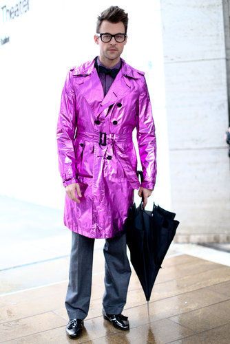 Brad Goreski went for the ultimate head turning kind of outerwear with a flash of high-wattage pink on his trench.
Brad Goreski went for the ultimate head turning kind of outerwear with a flash of high-wattage pink on his trench.