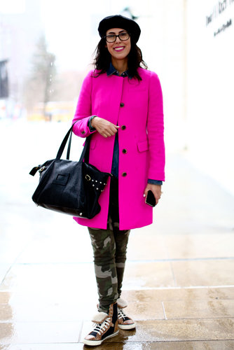 That bright fuchsia coat provided the perfectly girlie counter to high-tops and camo-print bottoms.
That bright fuchsia coat provided the perfectly girlie counter to high-tops and camo-print bottoms.