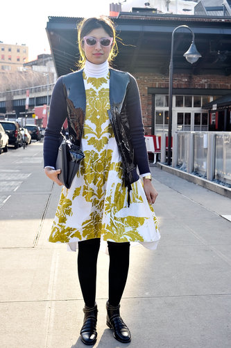 A baroque fit-and-flare was an opulent centerpiece, while a moto jacket and flat boots tempered the look.
A baroque fit-and-flare was an opulent centerpiece, while a moto jacket and flat boots tempered the look.