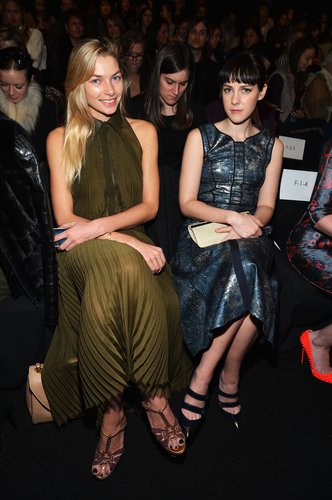 Jessica Hart and Jena Malone sat side by side at J. Mendel, Jessica in an olive-green dress and Jena embracing metallics in a celestial top and matching miniskirt, all by J. Mendel.
Jessica Hart and Jena Malone sat side by side at J. Mendel, Jessica in an olive-green dress and Jena embracing metallics in a celestial top and matching miniskirt, all by J. Mendel.