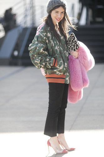 Camo print looked decidedly more glam with heels and a bright pink fur in tow.
Camo print looked decidedly more glam with heels and a bright pink fur in tow.
