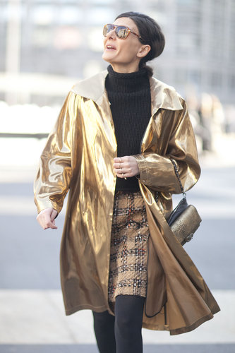 Giovanna Battaglia made her mark in gilded outerwear.
Giovanna Battaglia made her mark in gilded outerwear.