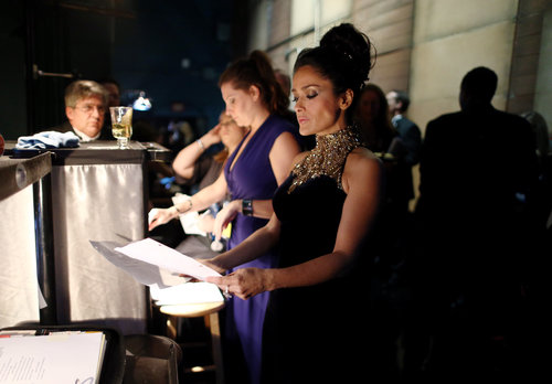 Salma Hayek prepped for her presenting role backstage.
Salma Hayek prepped for her presenting role backstage.
