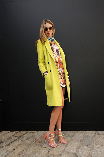 Citron outerwear added oomph to a printed dress and high-wattage heels.
Citron outerwear added oomph to a printed dress and high-wattage heels.