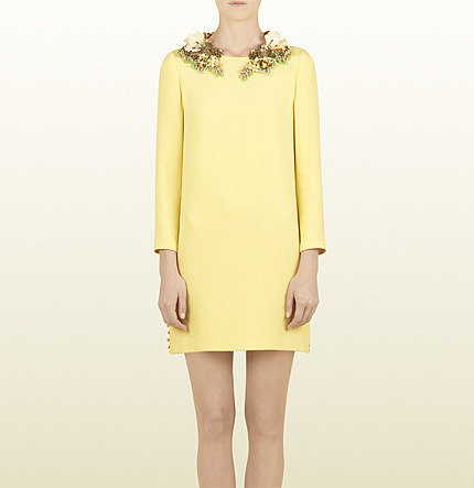 Pale Yellow Silk Creponne Dress With Hand Embroidered Floral Neckline