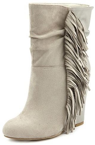 Sueded Fringe-Trim Wedge Bootie