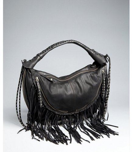orYANY black leather zip fringe tassel hobo