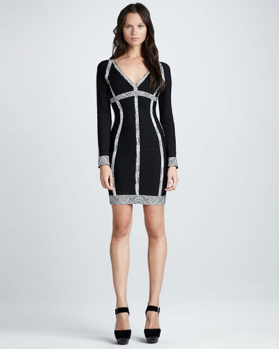 Herve Leger Long-Sleeve Bandage Dress with Printed Accents