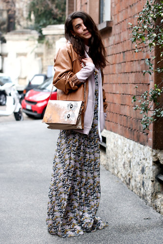 Boho-glam prints got anchored with a buttery bomber jacket.
Boho-glam prints got anchored with a buttery bomber jacket.
