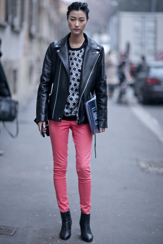 A motorcycle jacket gave tough-girl appeal to bright skinnies and a printed knit.
A motorcycle jacket gave tough-girl appeal to bright skinnies and a printed knit.