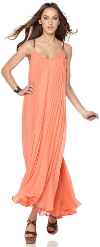 BCBGMAXAZRIA Dress, Edita Sleeveless V Neck Pleated Faux Leather Straps Racerback Maxi