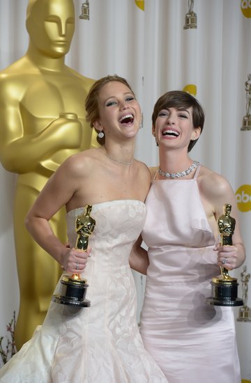 Jennifer Lawrence and Anne Hathaway celebrated their big wins in the press room at the Oscars.
Jennifer Lawrence and Anne Hathaway celebrated their big wins in the press room at the Oscars.