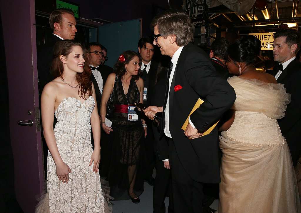 Kirsten Stewart chatted with Peter Castro backstage at the Oscars.
Kirsten Stewart chatted with Peter Castro backstage at the Oscars.