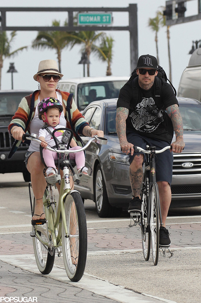 Pink and Carey Hart took their daughter, Willow, for a bike ride in Miami in February.
Pink and Carey Hart took their daughter, Willow, for a bike ride in Miami in February.