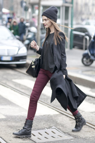 The cool-girl getup at its best — burgundy, biker boots, and a little leather, all topped off with a beanie.
The cool-girl getup at its best — burgundy, biker boots, and a little leather, all topped off with a beanie.