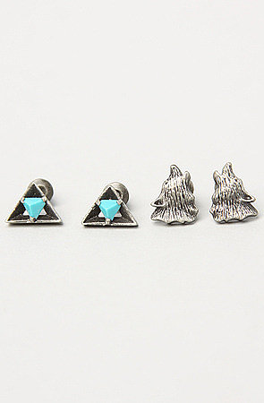 Obey The Lone Wolf Earring Set in Silver Oxide