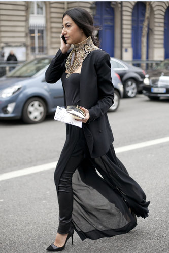 A decadent take on street style with an ornate collar necklace.
A decadent take on street style with an ornate collar necklace.