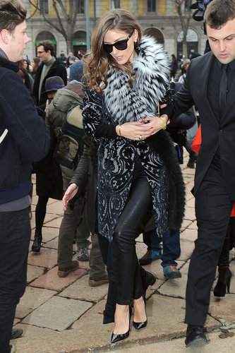 At Milan Fashion Week, Olivia made her way into the Roberto Cavalli show in a totally glammed-up take on leather bottoms, with a brocade coat and a fur collar to finish.
At Milan Fashion Week, Olivia made her way into the Roberto Cavalli show in a totally glammed-up take on leather bottoms, with a brocade coat and a fur collar to finish.