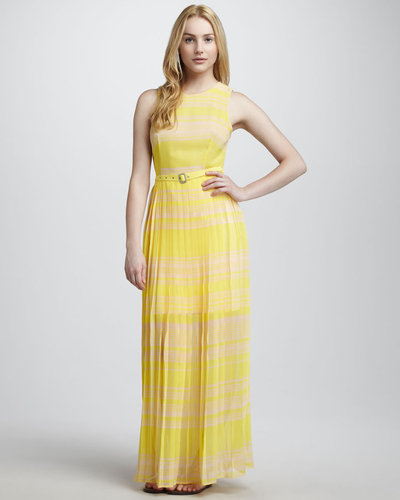 French Connection Belted Pleated Silk Maxi Dress