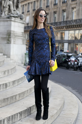 A brocade minidress was a showstopper on the streets.
A brocade minidress was a showstopper on the streets.