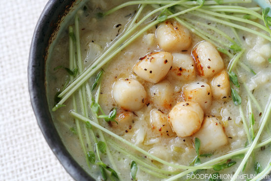 Rustic Cauliflower Soup with Scallops and Pea Sprouts