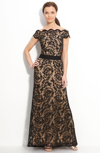Tadashi Shoji Lace Overlay Off Shoulder Gown