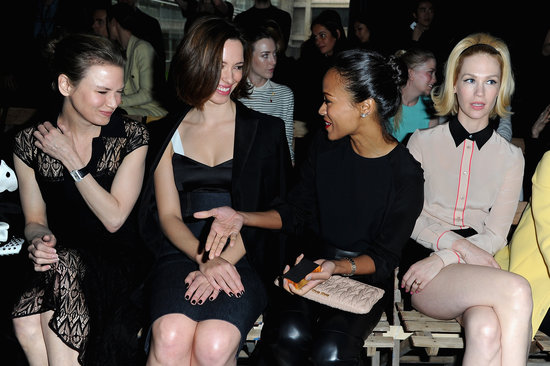 Renée Zellweger, Rebecca Hall, Zoe Saldana, and January Jones made the Miu Miu show a girls' day on Wednesday in Paris.
Renée Zellweger, Rebecca Hall, Zoe Saldana, and January Jones made the Miu Miu show a girls' day on Wednesday in Paris.