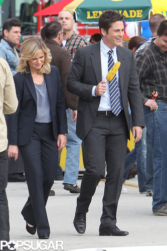 Amy Poehler and Rob Lowe shot a scene in LA.
Amy Poehler and Rob Lowe shot a scene in LA.
