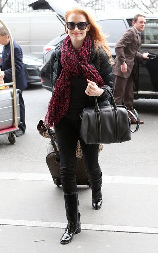 Jessica Chastain made a chic arrival in Paris wearing a red leopard Louis Vuitton scarf with her black Givenchy Lucrezia tote ($1,694).
Jessica Chastain made a chic arrival in Paris wearing a red leopard Louis Vuitton scarf with her black Givenchy Lucrezia tote ($1,694).