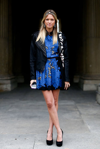 Bohemian accessories offset a bold print and a tough-girl moto jacket.
Bohemian accessories offset a bold print and a tough-girl moto jacket.