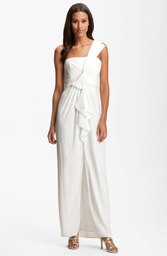 BCBGMAXAZRIA Ruffle Front One Shoulder Satin Gown