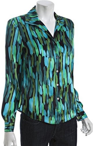 Lafayette 148 New York black brushstroke print silk wing collar blouse