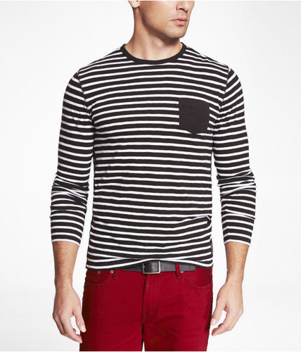 Slub Striped Long Sleeve Crew Neck Pocket Tee